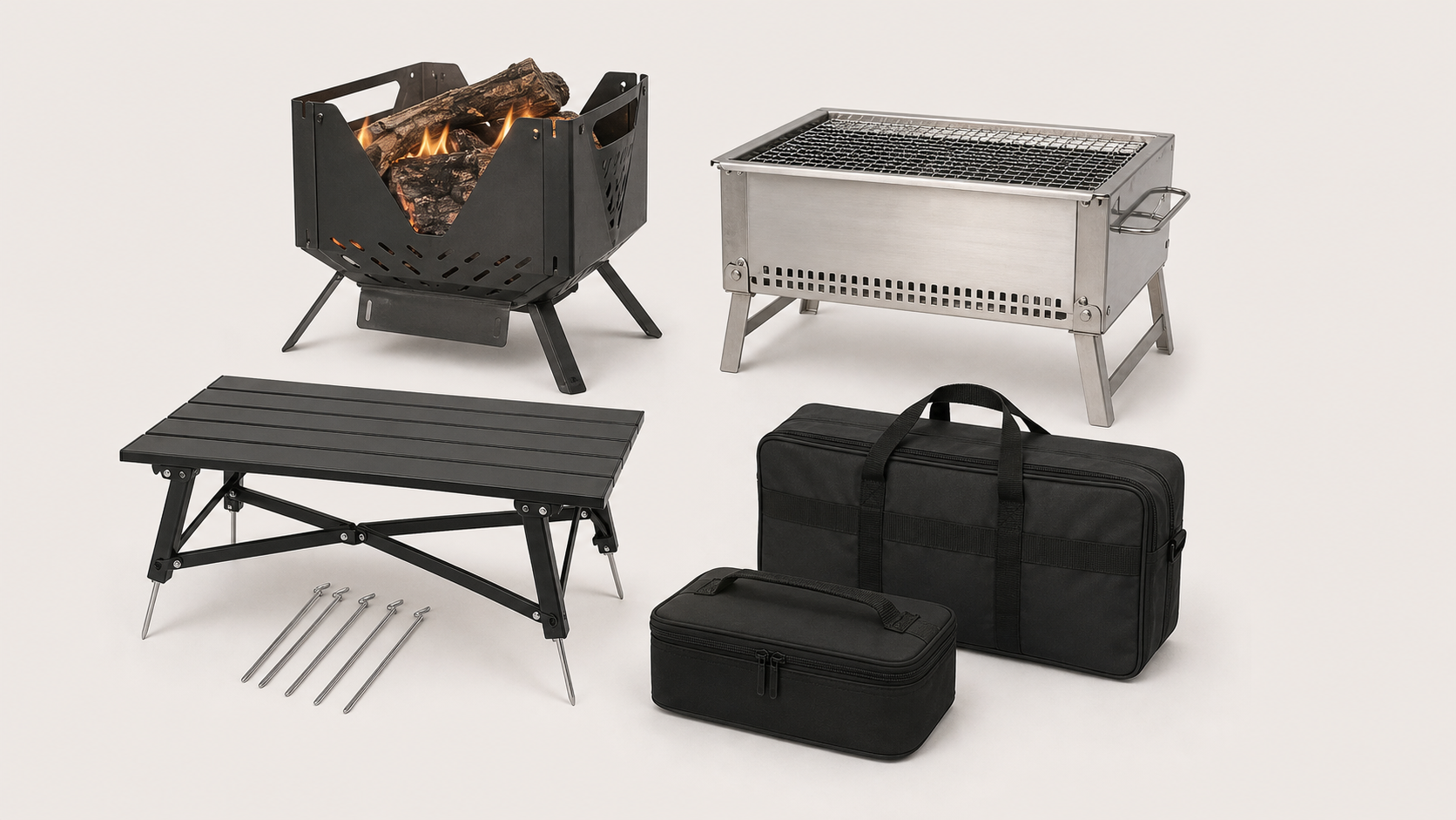 Fire pit and camping gear collection